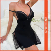 Lace Trim Slit Bowknot Sleep Dress – Elegant & Sexy Nightgown